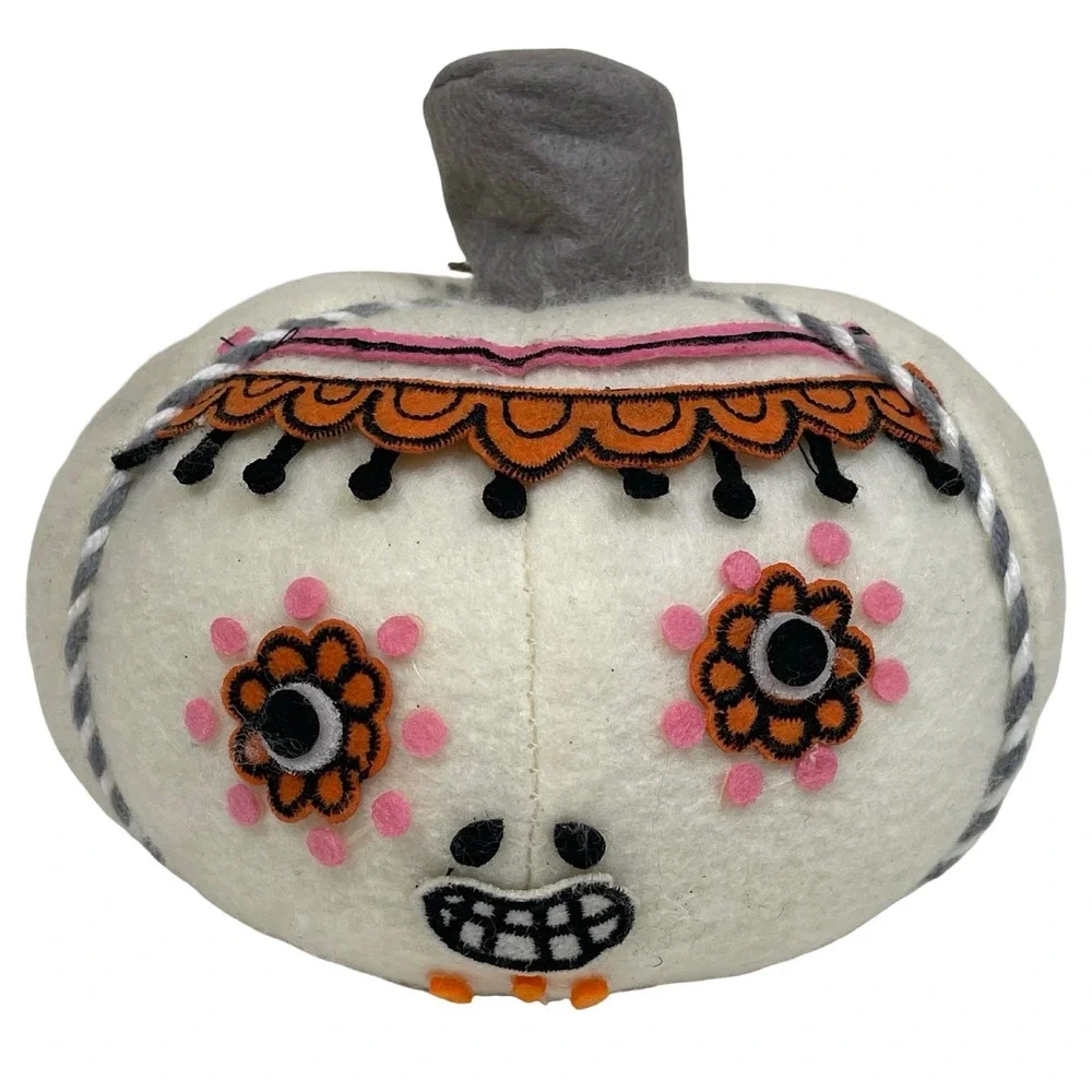 Target Day of the Dead Sugar Skull Felt Pumpkin Decor‎ Halloween White Orange